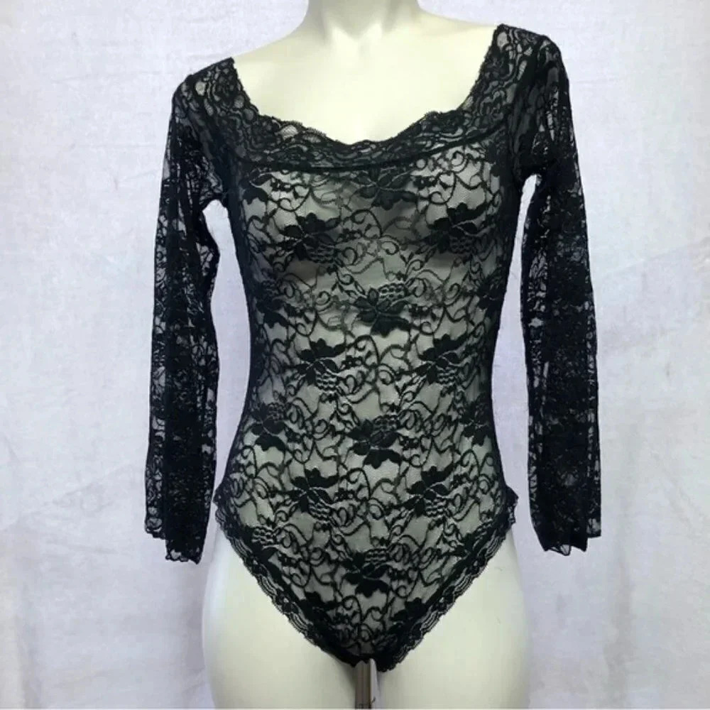 Black Full Lace Long Sleeve Bodysuit Size S/M